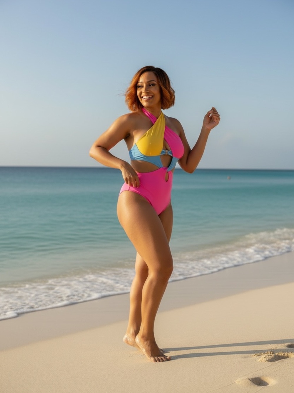 Colorblock Halter One-Piece Swimsuit in Pink, Yellow & Blue